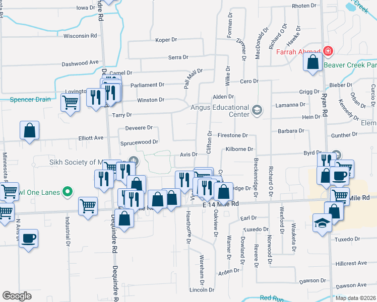 map of restaurants, bars, coffee shops, grocery stores, and more near 2671 Avis Drive in Sterling Heights