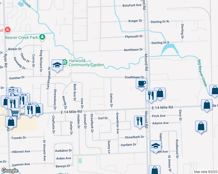 map of restaurants, bars, coffee shops, grocery stores, and more near 33361 Defour Drive in Sterling Heights