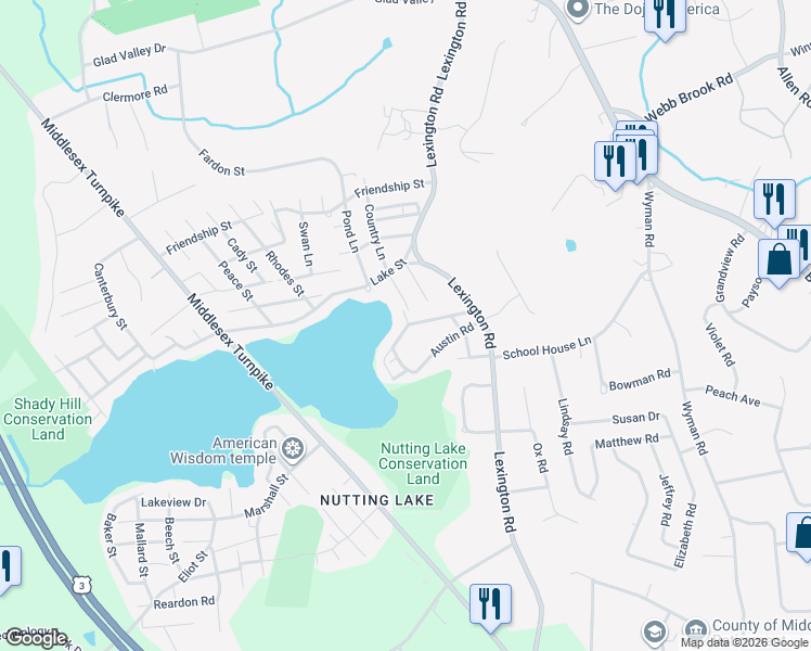 map of restaurants, bars, coffee shops, grocery stores, and more near 29 Monson Street in Billerica