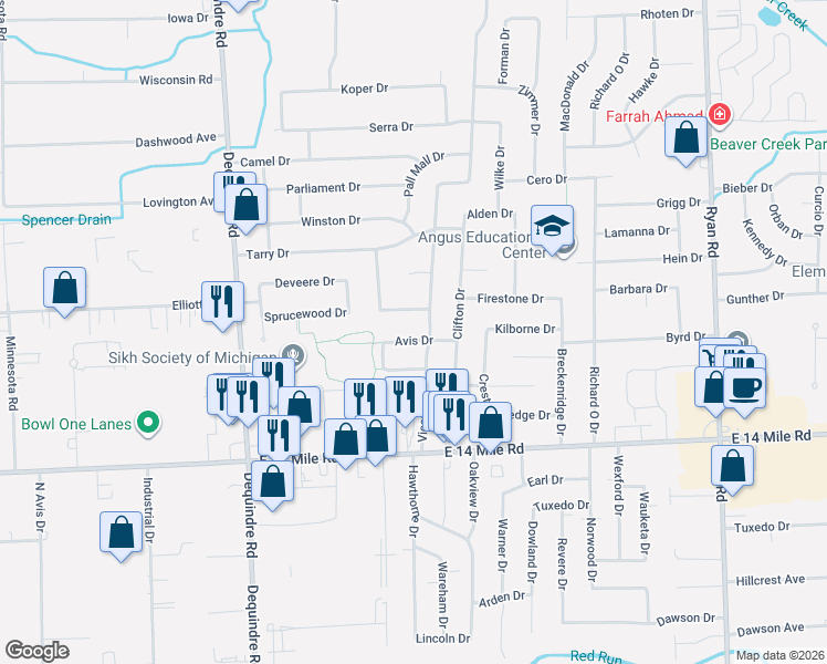 map of restaurants, bars, coffee shops, grocery stores, and more near 2671 Avis Drive in Sterling Heights