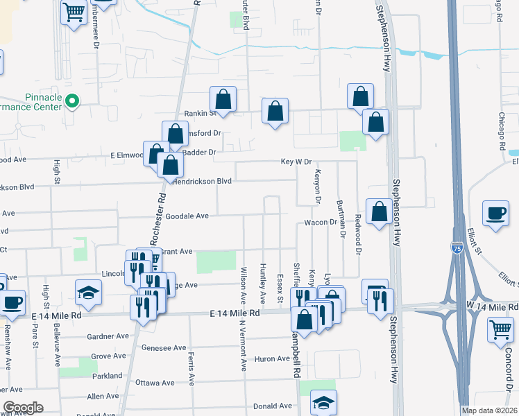 map of restaurants, bars, coffee shops, grocery stores, and more near 1165 Gordon Court in Clawson
