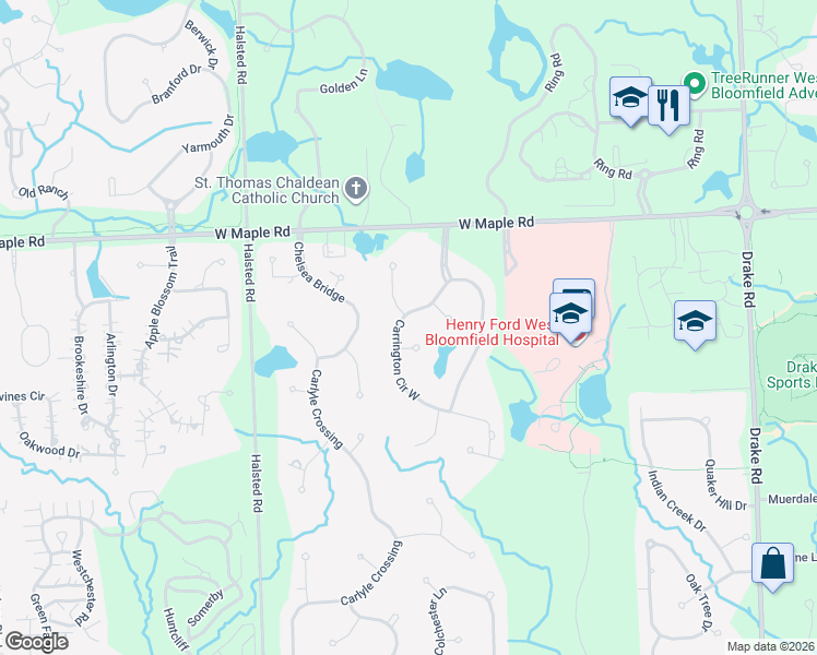 map of restaurants, bars, coffee shops, grocery stores, and more near 6900 Carrington Circle West in West Bloomfield Township
