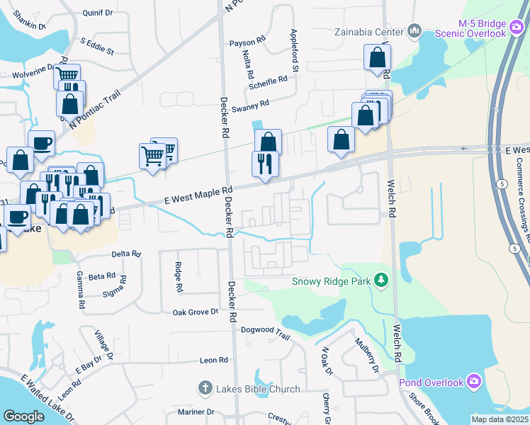 map of restaurants, bars, coffee shops, grocery stores, and more near 5105 Tamara Circle in Commerce Charter Township
