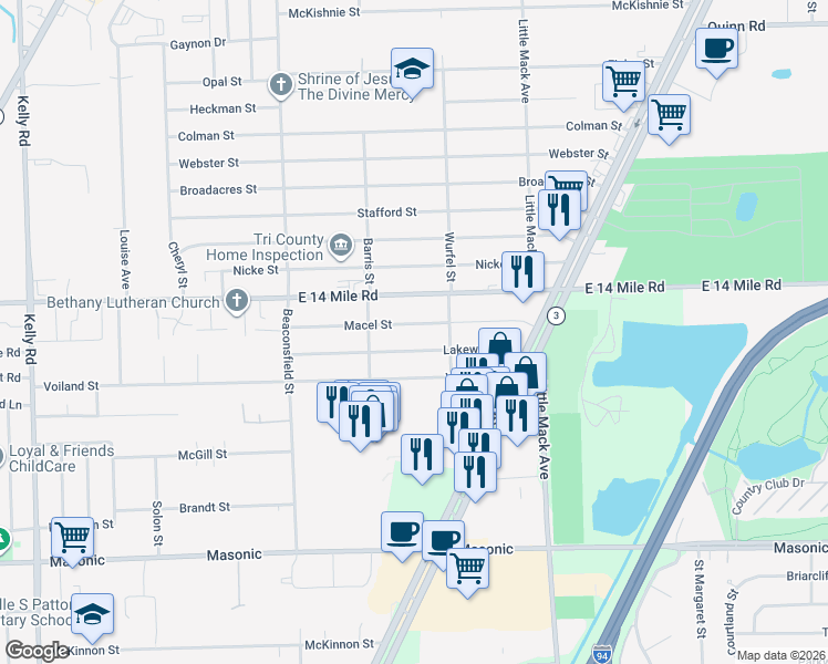 map of restaurants, bars, coffee shops, grocery stores, and more near 20204 Macel Street in Roseville