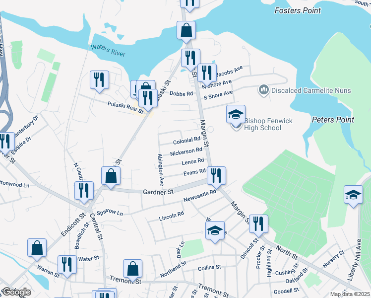 map of restaurants, bars, coffee shops, grocery stores, and more near 11 Nickerson Road in Peabody