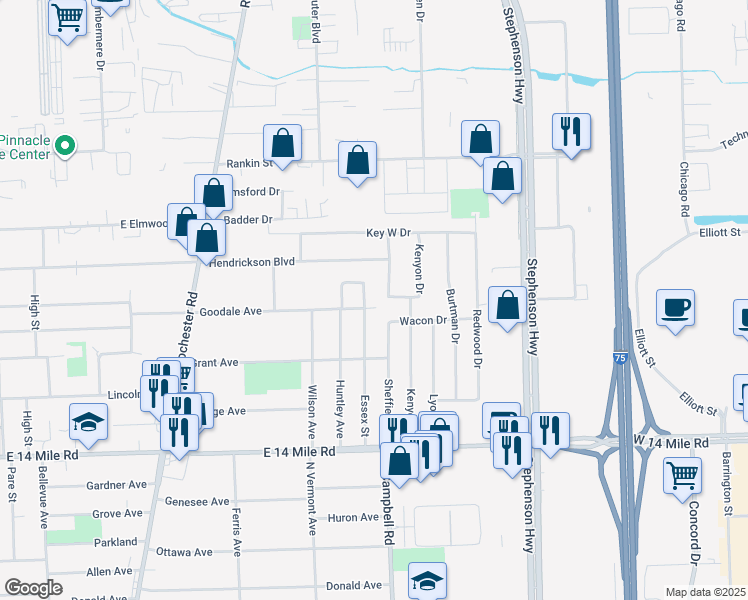 map of restaurants, bars, coffee shops, grocery stores, and more near 1259 Gordon Court in Clawson