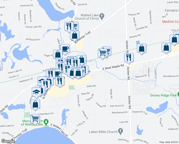 map of restaurants, bars, coffee shops, grocery stores, and more near 1212 West West Maple Road in Walled Lake