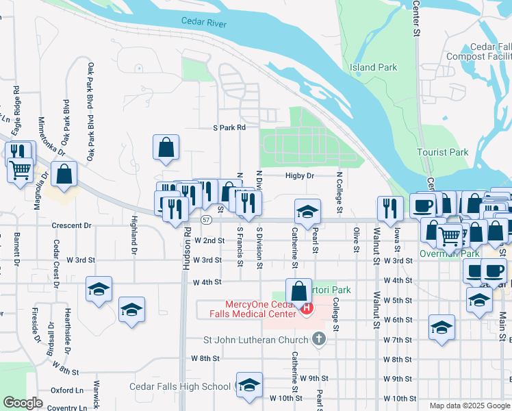 map of restaurants, bars, coffee shops, grocery stores, and more near 1322 Parkway Avenue in Cedar Falls