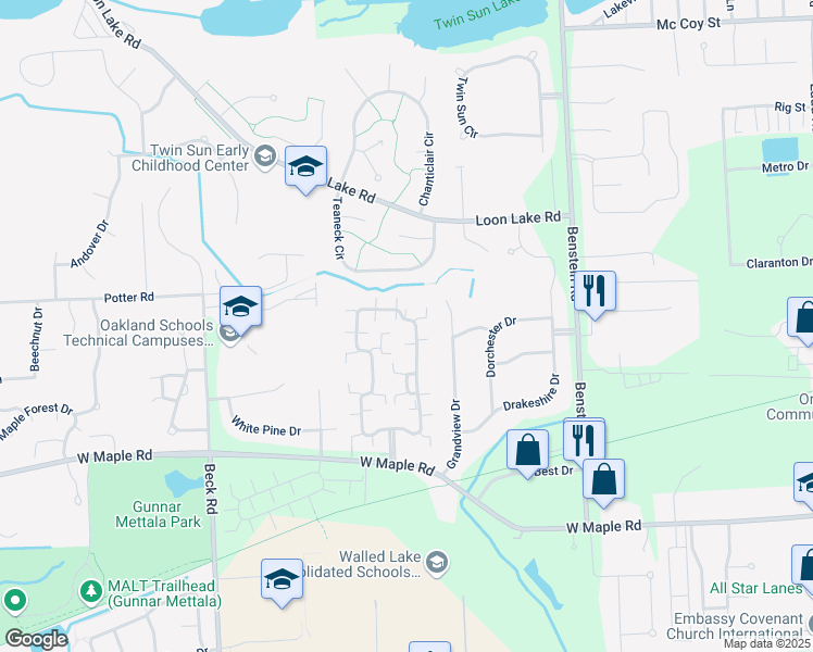 map of restaurants, bars, coffee shops, grocery stores, and more near 13209 Chesapeake Circle in Commerce Charter Township