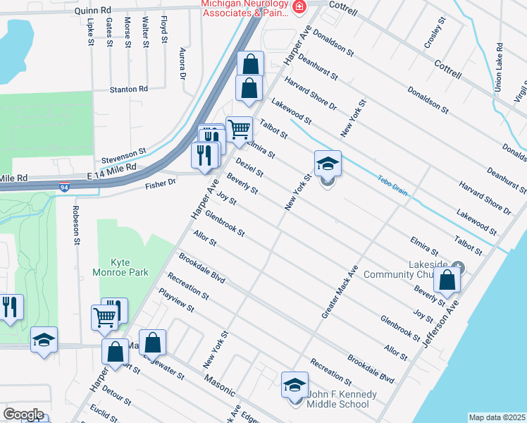 map of restaurants, bars, coffee shops, grocery stores, and more near 23113 Joy St in St Clair Shores