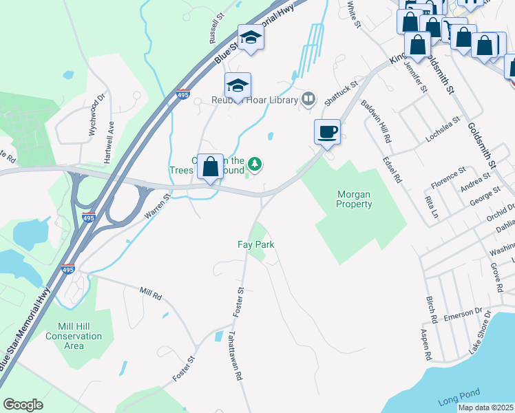 map of restaurants, bars, coffee shops, grocery stores, and more near 7 Foster Street in Littleton