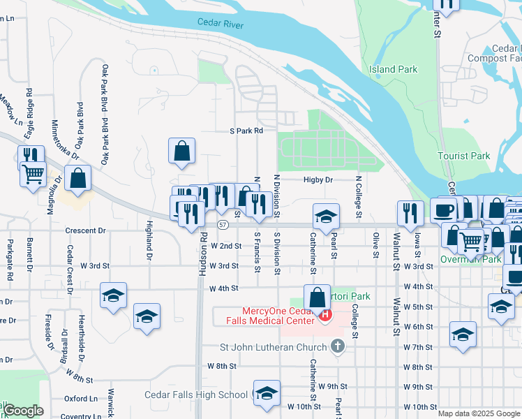 map of restaurants, bars, coffee shops, grocery stores, and more near 1322 Parkway Avenue in Cedar Falls