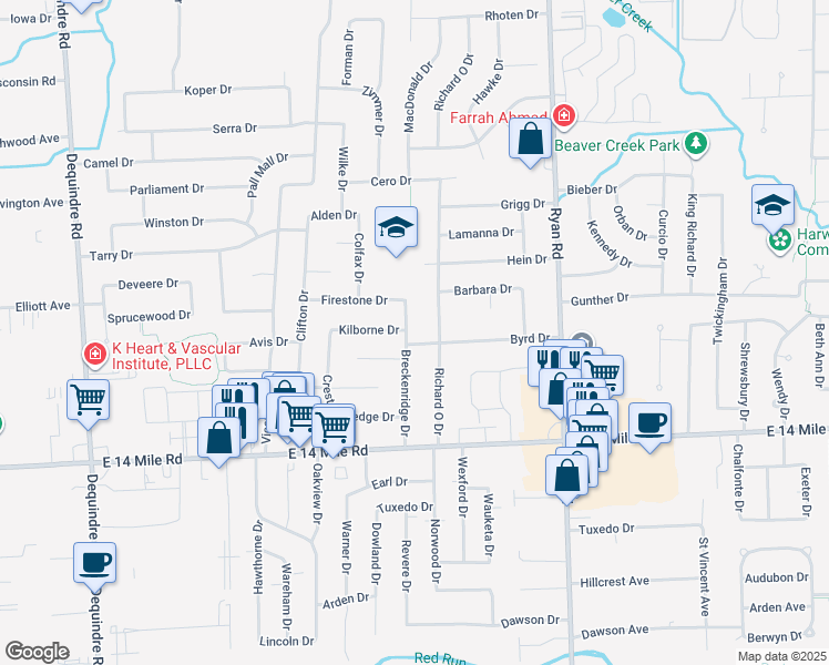 map of restaurants, bars, coffee shops, grocery stores, and more near 33514 Breckenridge Drive in Sterling Heights