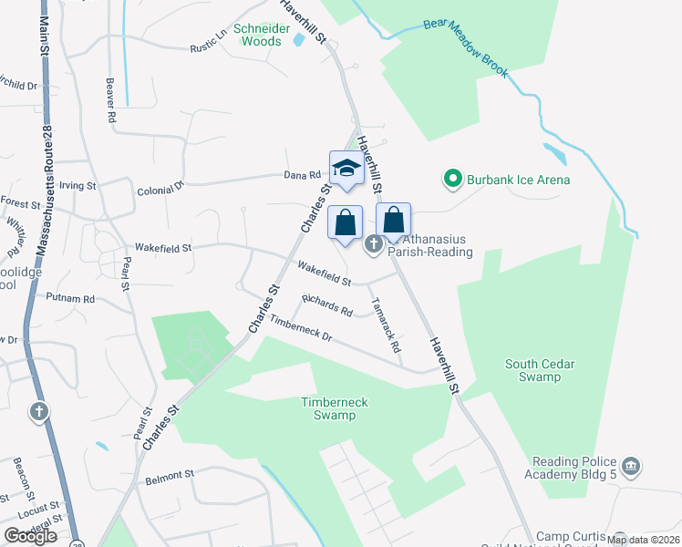 map of restaurants, bars, coffee shops, grocery stores, and more near 53 Wakefield Street in Reading