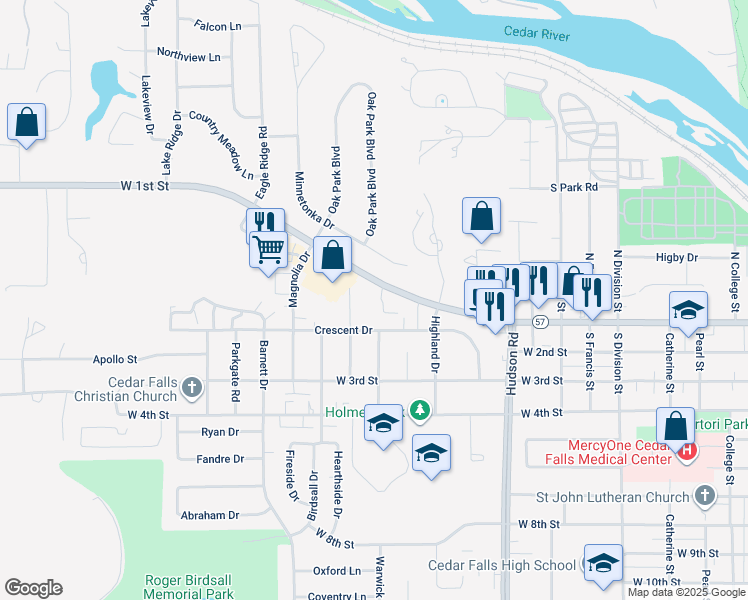 map of restaurants, bars, coffee shops, grocery stores, and more near 2122 West 1st Street in Cedar Falls