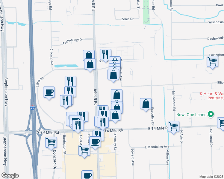 map of restaurants, bars, coffee shops, grocery stores, and more near 500 John R Road in Troy