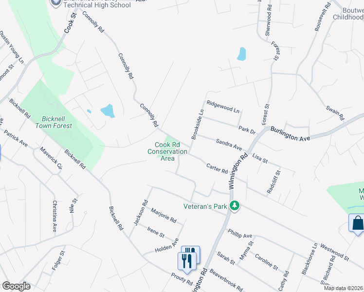 map of restaurants, bars, coffee shops, grocery stores, and more near 1 Brookside Lane in Burlington