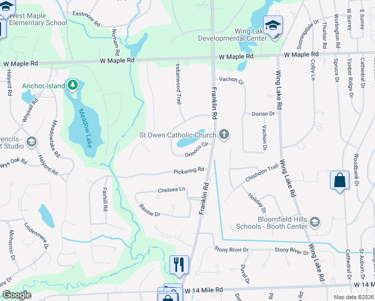 map of restaurants, bars, coffee shops, grocery stores, and more near 6861 Orinoco Circle in Bloomfield Hills