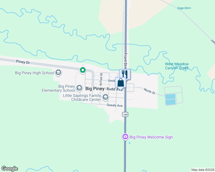map of restaurants, bars, coffee shops, grocery stores, and more near 231 Budd Avenue in Big Piney