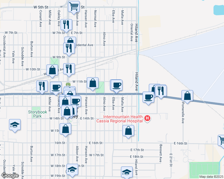 map of restaurants, bars, coffee shops, grocery stores, and more near 1134 Elba Avenue in Burley