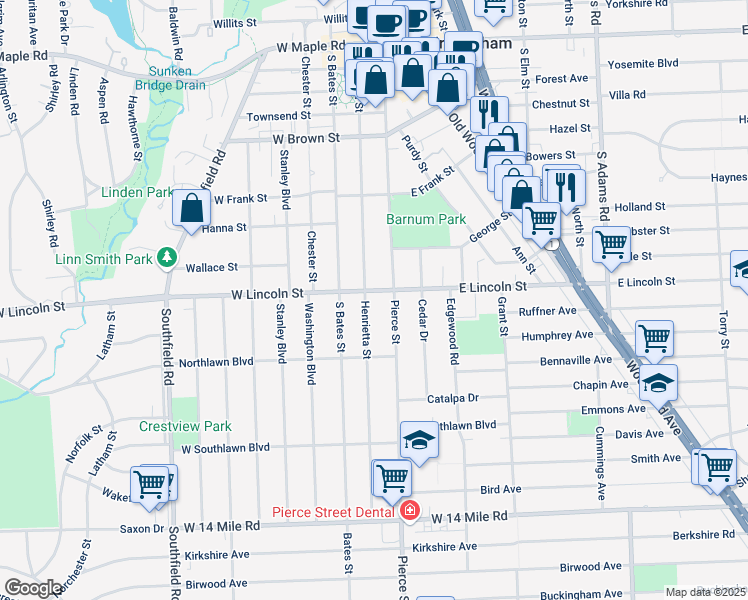 map of restaurants, bars, coffee shops, grocery stores, and more near 1133 Henrietta Street in Birmingham