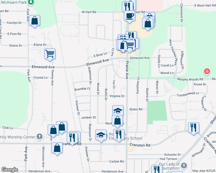 map of restaurants, bars, coffee shops, grocery stores, and more near 2433 Butlin Drive in Beloit