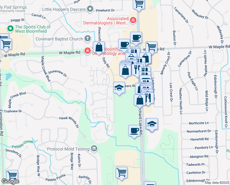 map of restaurants, bars, coffee shops, grocery stores, and more near in Oakland County