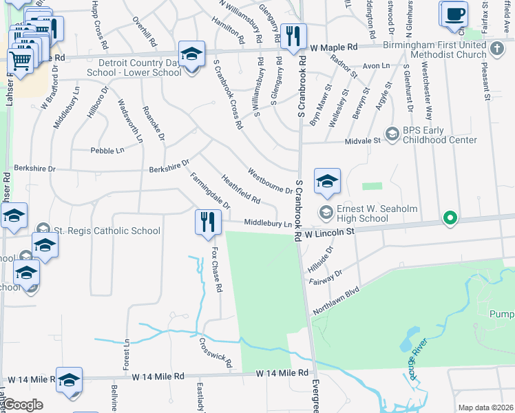 map of restaurants, bars, coffee shops, grocery stores, and more near 2687 Heathfield Road in Bloomfield Township