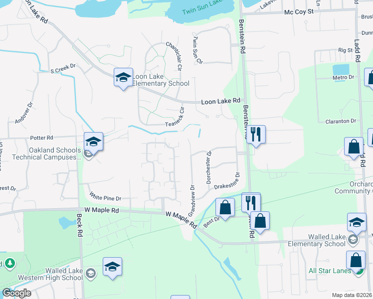 map of restaurants, bars, coffee shops, grocery stores, and more near 1081 Grandview Drive in Commerce Charter Township