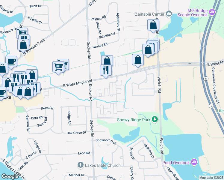 map of restaurants, bars, coffee shops, grocery stores, and more near 6202 Jasmine Drive in Commerce Charter Township