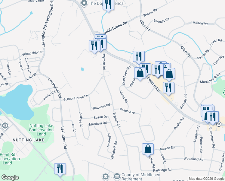 map of restaurants, bars, coffee shops, grocery stores, and more near 28 Wyman Road in Billerica