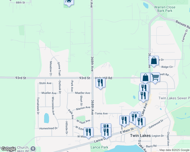 map of restaurants, bars, coffee shops, grocery stores, and more near 700 Burlington Avenue in Twin Lakes