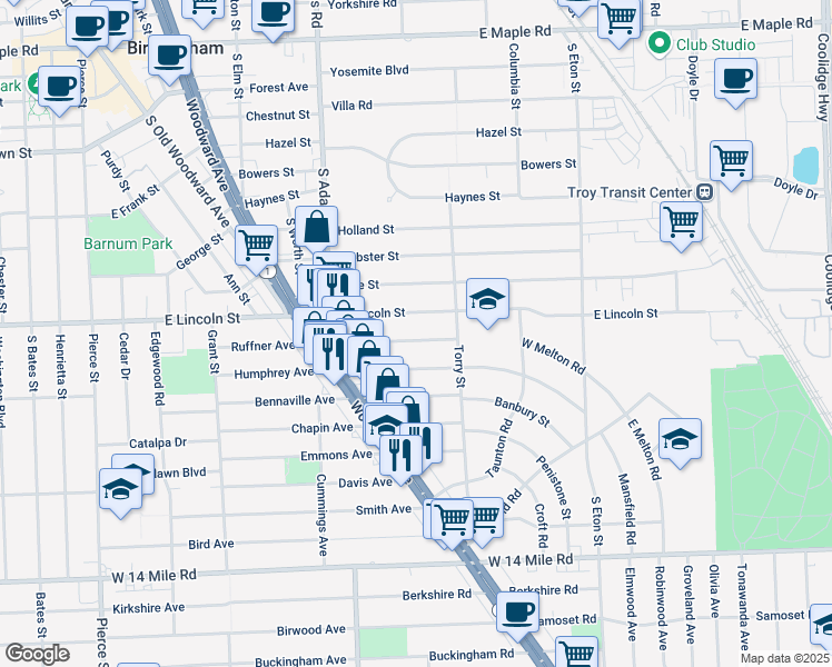 map of restaurants, bars, coffee shops, grocery stores, and more near 1423 Ruffner Avenue in Birmingham