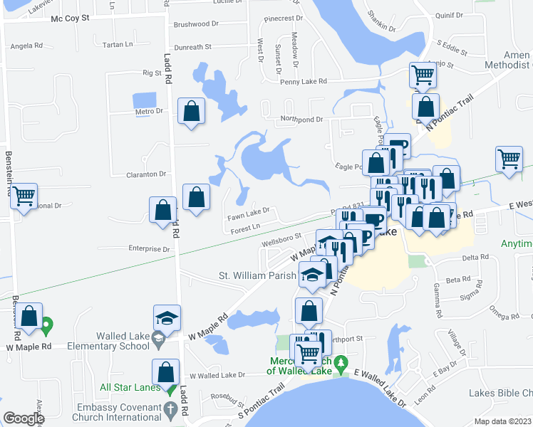 map of restaurants, bars, coffee shops, grocery stores, and more near 95 Fawn Lake Drive in Walled Lake