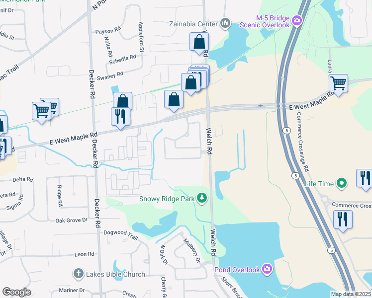 map of restaurants, bars, coffee shops, grocery stores, and more near 2118 Red Maple Lane in Commerce Charter Township