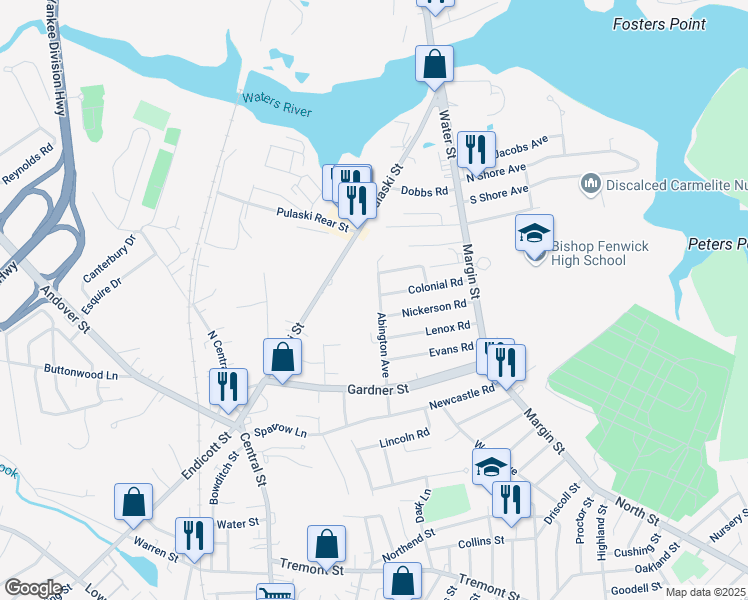 map of restaurants, bars, coffee shops, grocery stores, and more near 38 Abington Avenue in Peabody