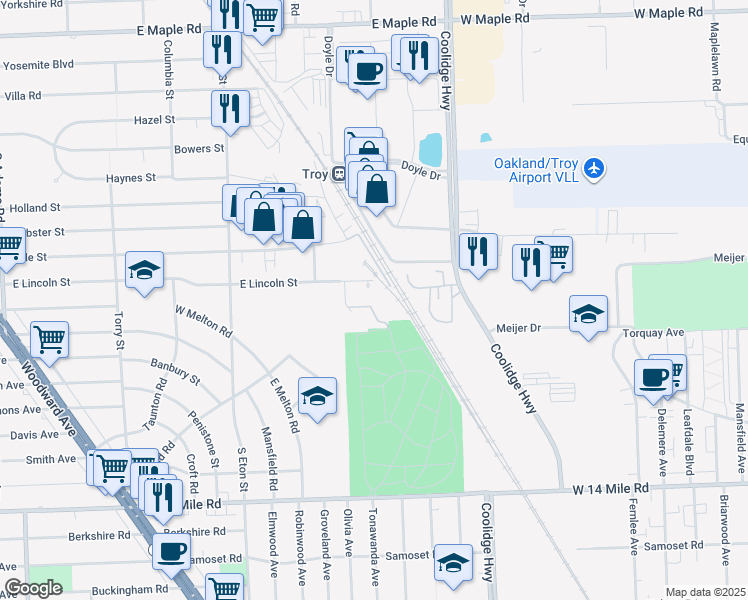 map of restaurants, bars, coffee shops, grocery stores, and more near 2410 East Lincoln Street in Birmingham