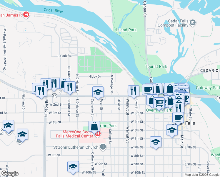 map of restaurants, bars, coffee shops, grocery stores, and more near 117 North College Street in Cedar Falls