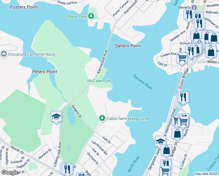 map of restaurants, bars, coffee shops, grocery stores, and more near 12 Kernwood Street in Salem