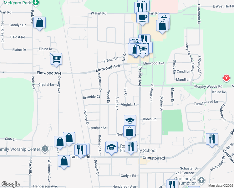 map of restaurants, bars, coffee shops, grocery stores, and more near 2433 Butlin Drive in Beloit