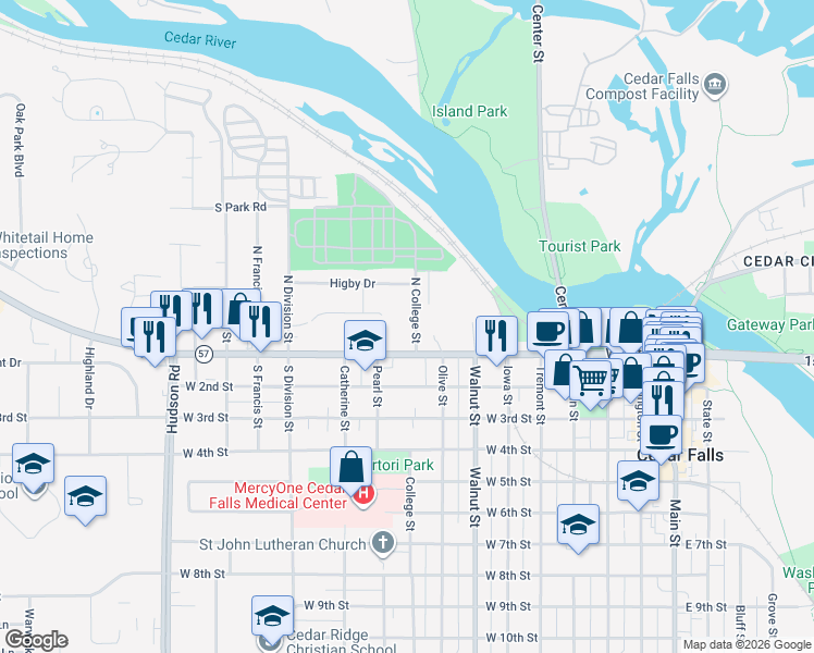map of restaurants, bars, coffee shops, grocery stores, and more near 117 North College Street in Cedar Falls