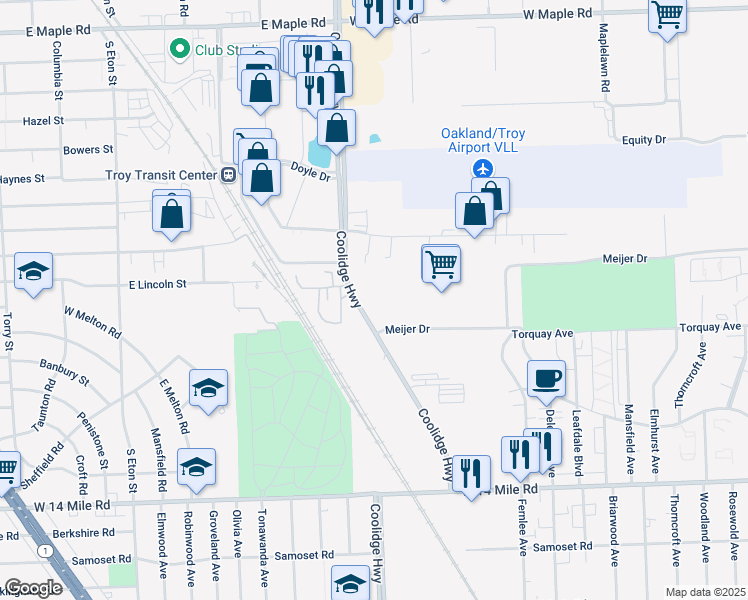 map of restaurants, bars, coffee shops, grocery stores, and more near Meijer Dr in Royal Oak