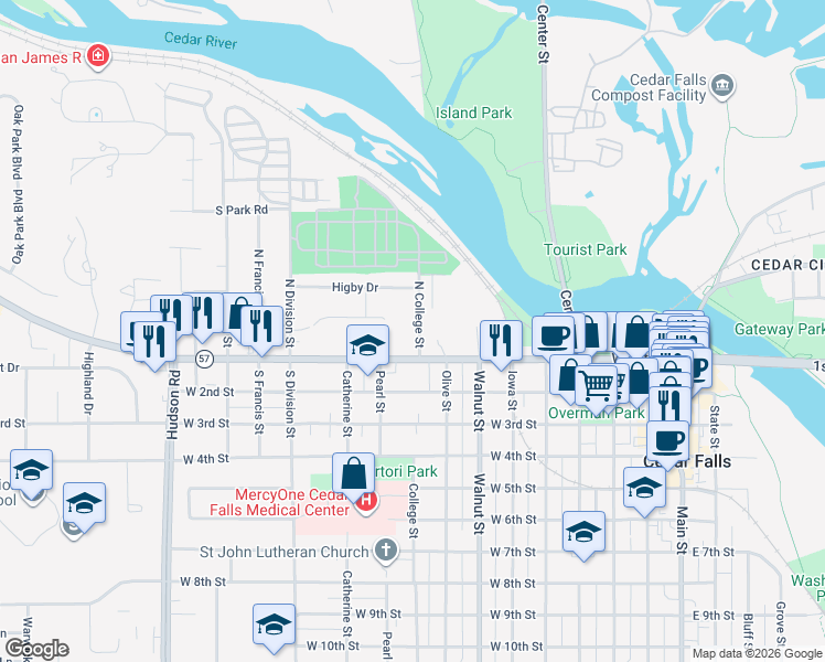 map of restaurants, bars, coffee shops, grocery stores, and more near 117 North College Street in Cedar Falls