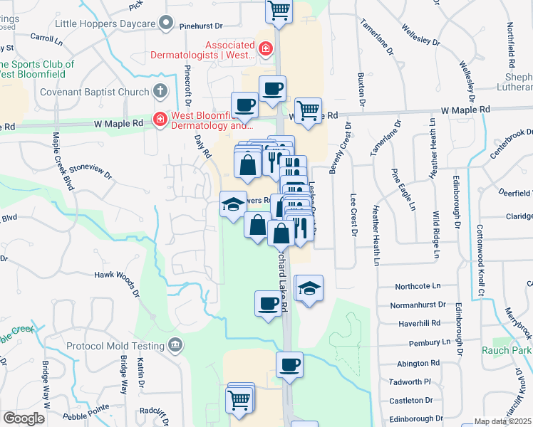 map of restaurants, bars, coffee shops, grocery stores, and more near 6750 Orchard Lake Road in West Bloomfield Township