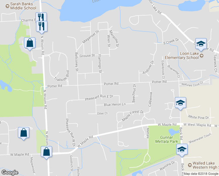 map of restaurants, bars, coffee shops, grocery stores, and more near 2891 Potter Road in Wixom