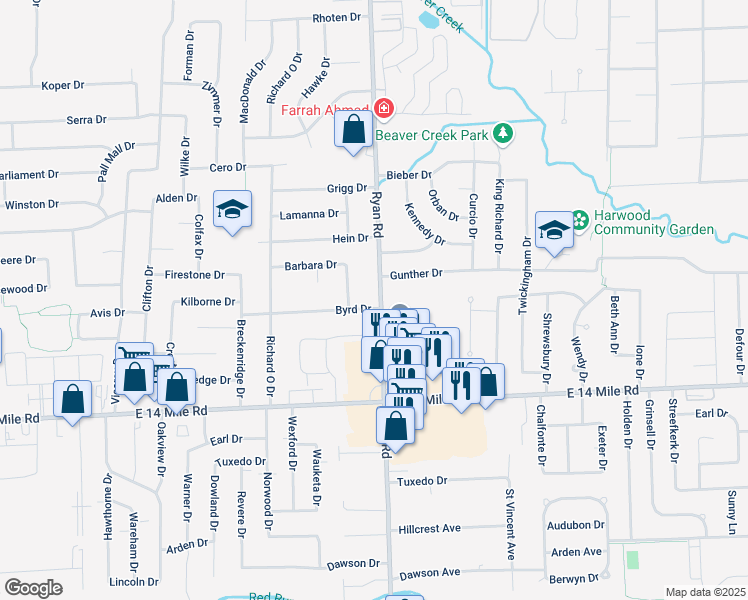 map of restaurants, bars, coffee shops, grocery stores, and more near 33488 Ryan Road in Sterling Heights