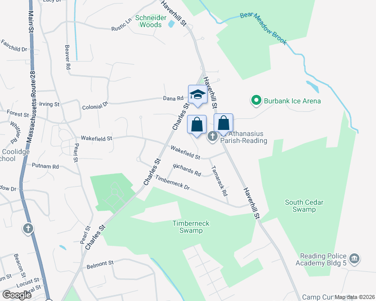 map of restaurants, bars, coffee shops, grocery stores, and more near 53 Wakefield Street in Reading