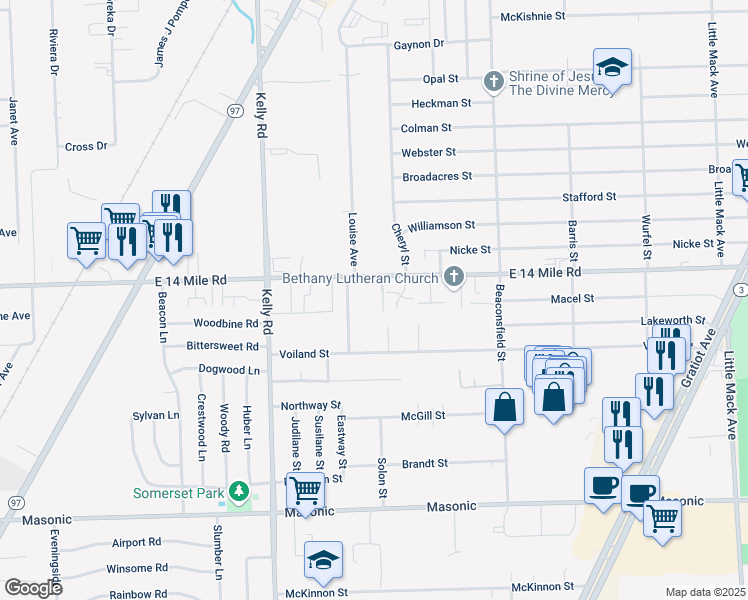 map of restaurants, bars, coffee shops, grocery stores, and more near 18906 East 14 Mile Road in Roseville