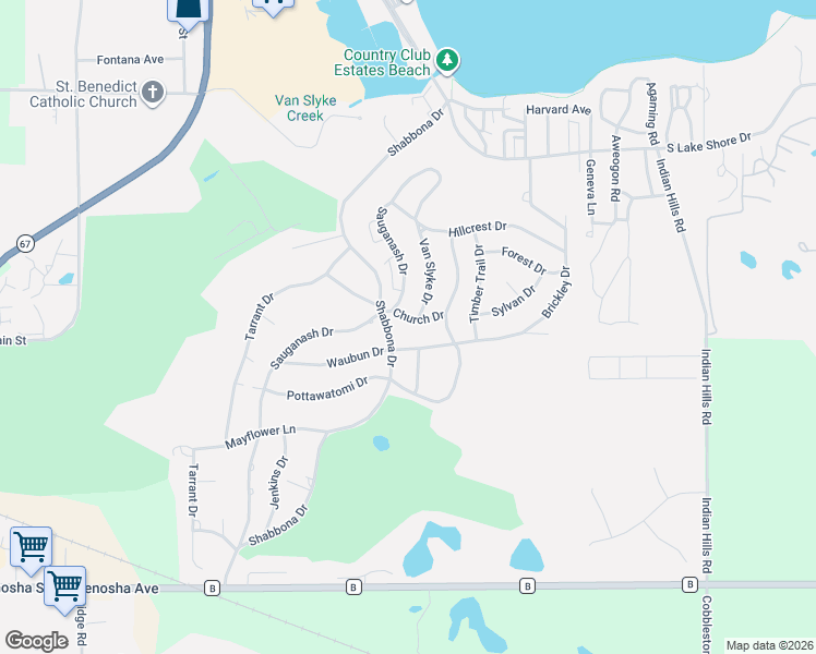 map of restaurants, bars, coffee shops, grocery stores, and more near 347 Church Drive in Fontana-on-Geneva Lake