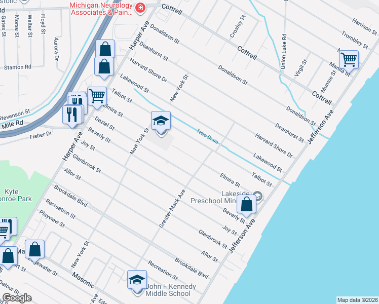 map of restaurants, bars, coffee shops, grocery stores, and more near 23536 Elmira Street in St. Clair Shores